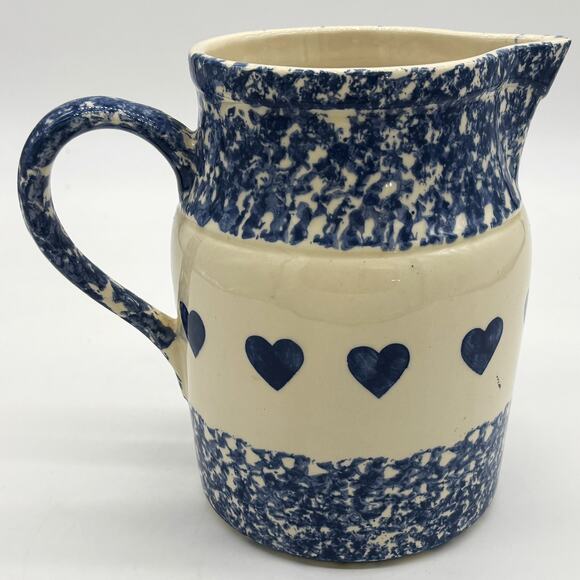Roseville Pottery Hearts Pitcher Blue Spongeware Ceramic Glazed Friendship Jug - Picture 1 of 9